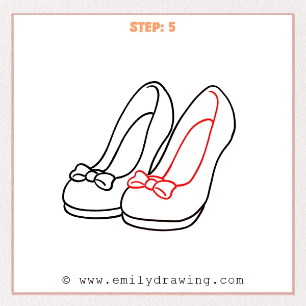 how to draw a high heels - A step-by-step drawing of high heels, adding the inner opening line and a matching bow detail to the second shoe while keeping the pair consistent.